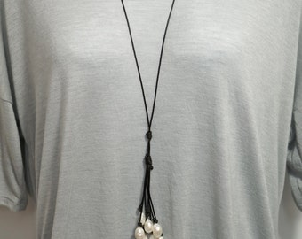 Two Way Long or Short Baroque Freshwater Pearl Leather Tassel Necklace