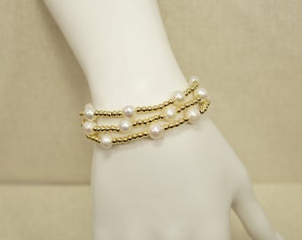 4 mm Gold Bead and Freshwater Pearl Elastic Stretch Bracelet