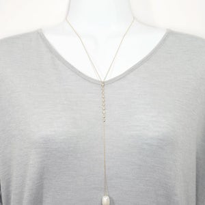 Sterling Silver CZ Chain Drop Pearl Lariat Necklace