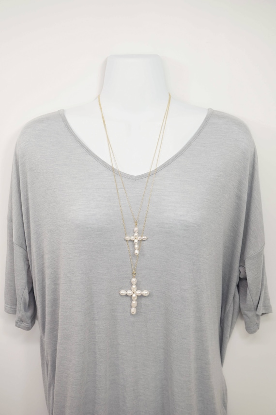 Freshwater Pearl Wired Cross Necklace 
