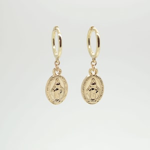 Mini Miraculous Medal Mary Dangle Hoop Earring
