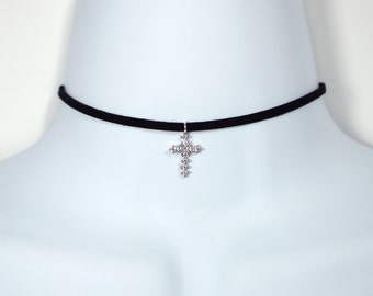 Sterling Silver CZ cross Choker on Suede