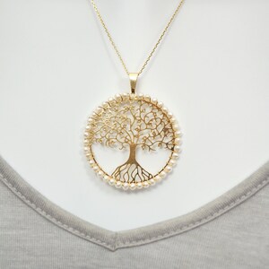 Freshwater Pearl Wrapped Gold Tone Tree of Life Necklace