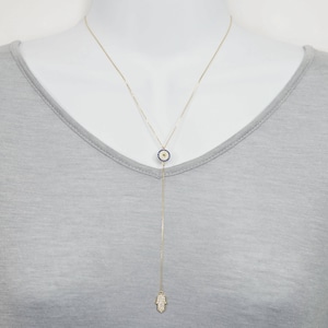 Gold über Sterling Silber CZ Evil Eye und Hamsa Lariat Halskette