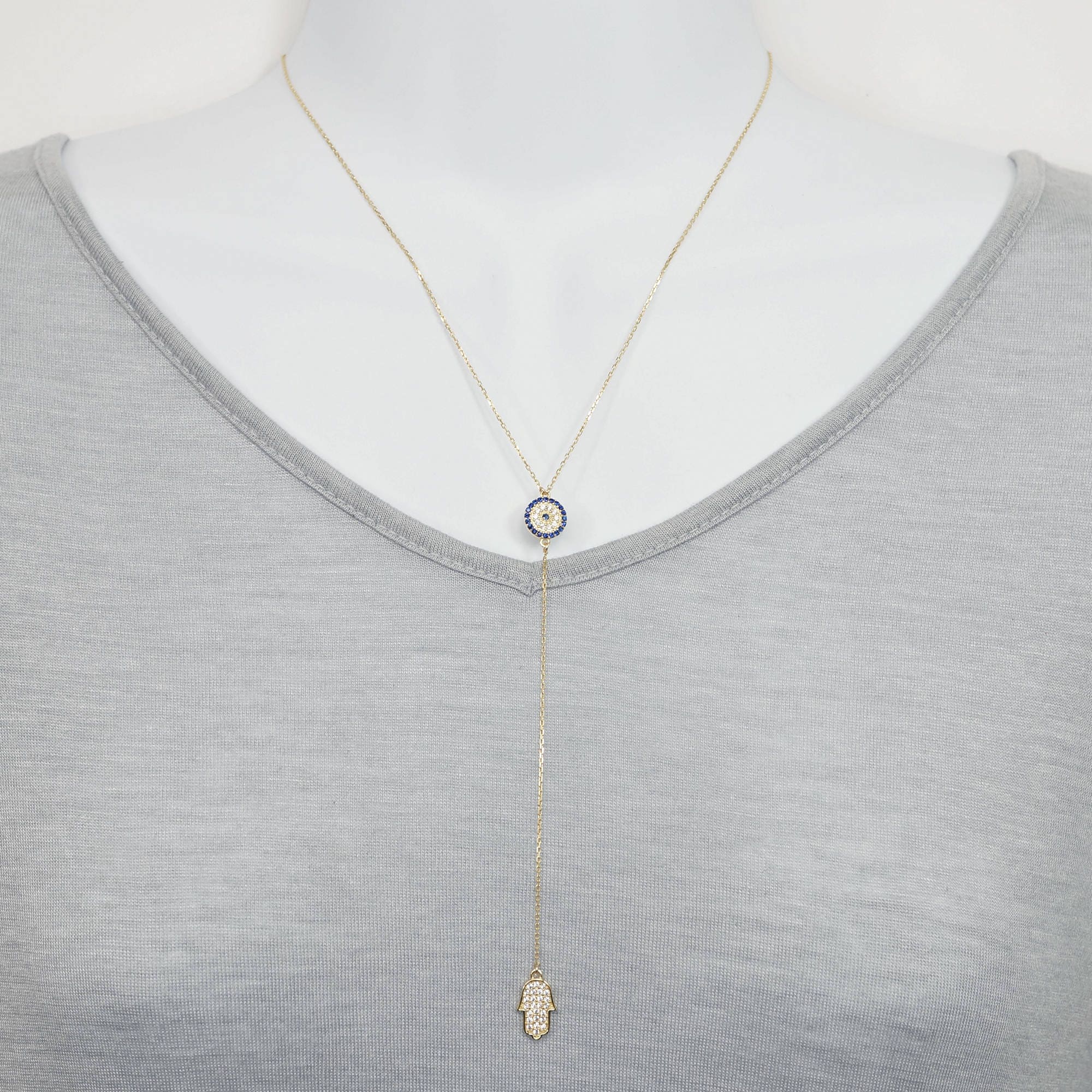 Gold Over Sterling silver CZ Evil Eye and Hamsa Lariat