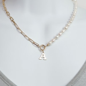 Half Pearl Half Paperclip Necklace with Initial