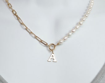 Half Pearl Half Paperclip Necklace with Initial