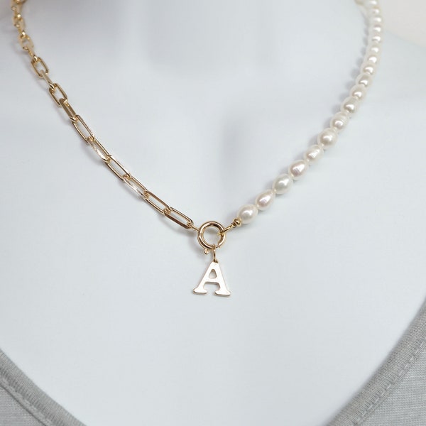 Half Pearl Half Paperclip Necklace with Initial