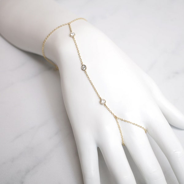 Gold Over Sterling Silver 3 CZ Hand Chain