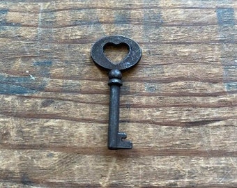 1-1/2"L Mini Key. Blackened Metal Skeleton Key w/Heart Opening. Single Key. Decorative Skeleton Key.