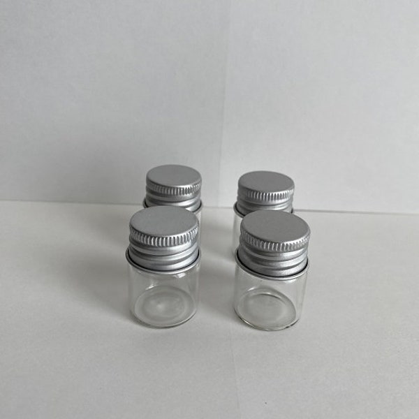 Mini Glass Jars w/Screw Lids. Set of 4 Jars. 1-1/4 x 3/4". Aluminum Lids. Mini Bottles. Craft Jar. Bead Jar. Glass Container. Craft Supply.