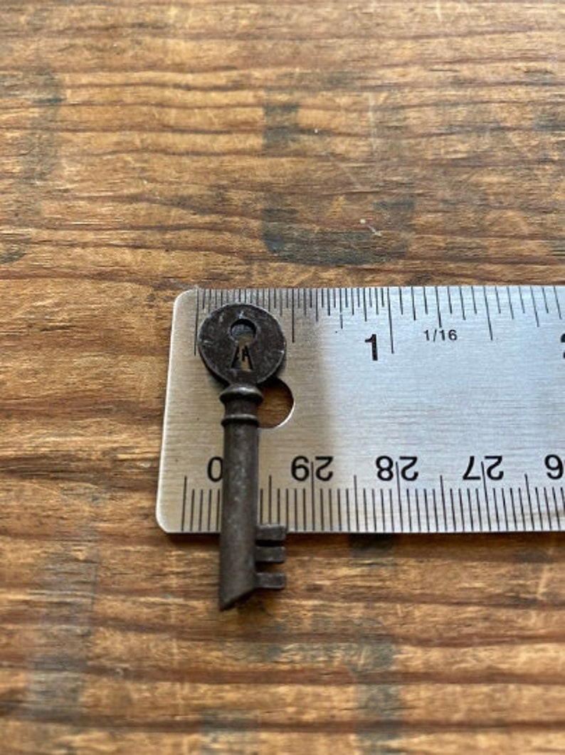 1-1/2L Mini Key. Blackened Metal Skeleton Key w/Keyhole Opening. Single Key. Decorative Skeleton Key. image 5
