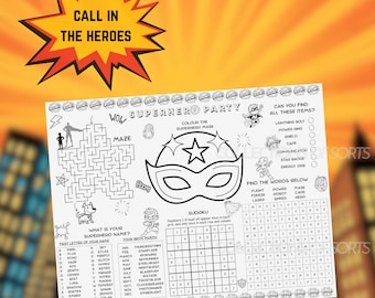 Superhelden Party Puzzle Tischset: Druckbarer Spielbogen für Kinder (Digitaler Download)