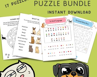 Welpe Katze Party Puzzle Bündel | Hund Kätzchen Party Printable Spiele Aktivitätspaket | Sofort Download