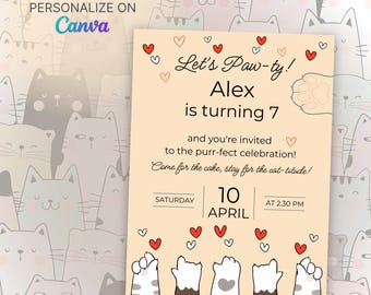 Katze Geburtstagseinladung Vorlage: Bearbeitbare Canva Party Invite (5x7 Zoll) (Digital Download)