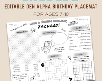 Bearbeitbares Skibidi Geburtstags-Tischset, Rizz Slay Meme Arbeitsblatt, Gen Alpha Party Favor (Digitaler Download)