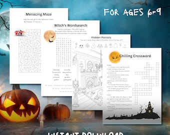 Könnte beinhalten: Eine Sammlung von 15 Halloween-Aktivitätsblättern für 6- bis 9-Jährige, darunter ein Labyrinth, ein Wortsuchrätsel, eine Suchbild-Szene und ein Kreuzworträtsel. Die weißen Papierseiten enthalten schwarzen Text und gruselige Illustrationen.