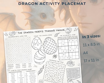 Drachen Party Tischset: Druckbares Fantasy MINT Spiele Aktivitätspapier für Kinder (digitaler Download)