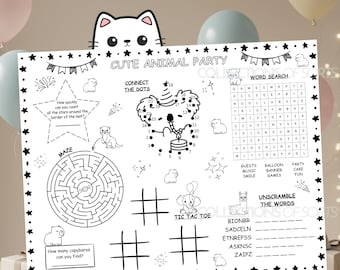 Tiere Party Puzzle Tischset | Arbeitsblatt für druckbare Tiere für Kinder von 6 bis 9 Jahren | Sofort Download