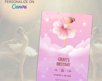 Ballerina Geburtstagseinladung Vorlage: Rosa Bearbeitbare Canva Party Laden ein (5x7 zoll) (Digital Download)