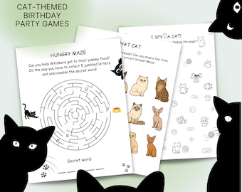 Katzen-Geburtstags-Party-Spiele-Bundle (7er-Pack), druckbare Kätzchen-Aktivitäten für Kinder von 6-9 Jahren (digitaler Download)