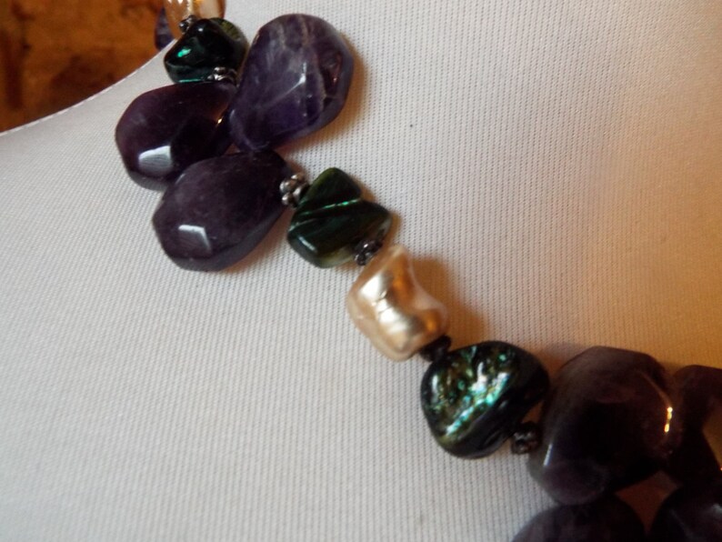 Amethyst and Mother of Pearl Statement Necklace Chunky Bold Picture Jasper