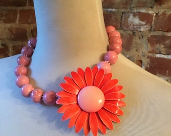 Pink Dyed Coral Statement Necklace with Flower Brooch