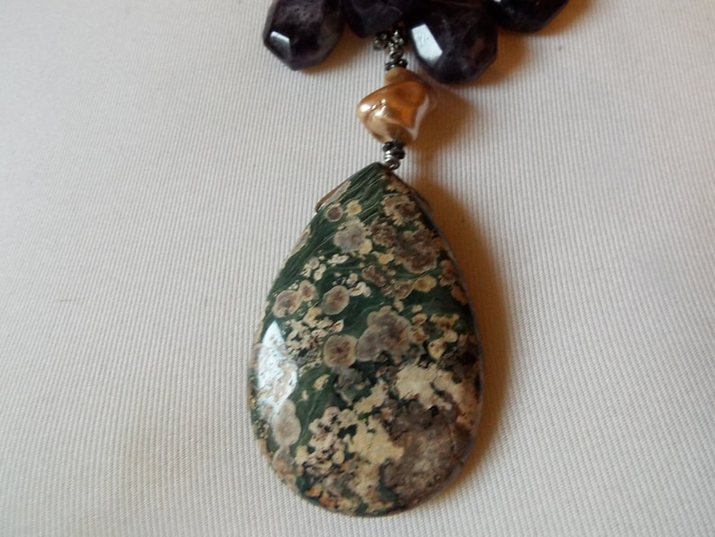 Amethyst and Mother of Pearl Statement Necklace Chunky Bold Picture Jasper