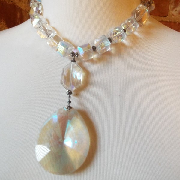 Bold Chunky Faceted Aurora Borealis Czech Glass Choker Necklace