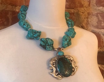 Vintage Etched Nepalese Tibetan Statement Turquoise Howlite Pendant Necklace with Repousse'