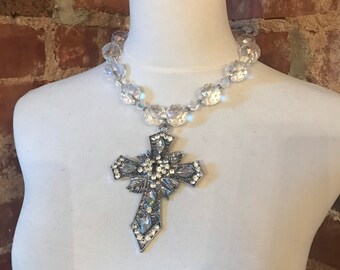 Faceted AB Crystal Statement Necklace with Etched Metal and  Rhinestone Cross Pendant