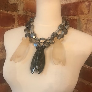 Silver Multistrand Czech Glass Statement Necklace w/Honey Bee or Cicada Insect Pendants