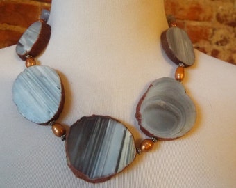 OOAK Grey Blue Agate Slice Statement Runway Necklace with Golden Freshwater Pearls