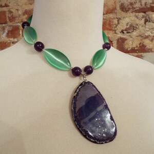 Green Cats Eye Glass Statement Necklace w/Amethyst and Purple Agate