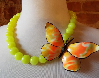 Fluorescent Yellow Statement Runway Necklace w/Butterfly Brooch