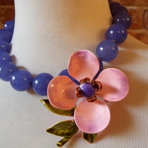 OOAK Colorful Purple Jade Statement Necklace with Colorful Vintage Flower Brooch image 3