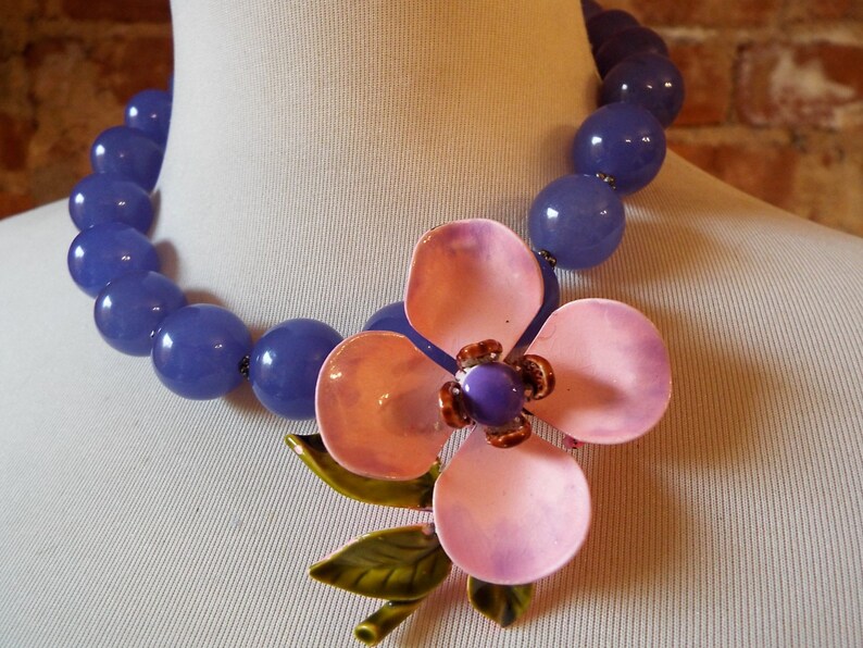 OOAK Colorful Purple Jade Statement Necklace with Colorful Vintage Flower Brooch image 3