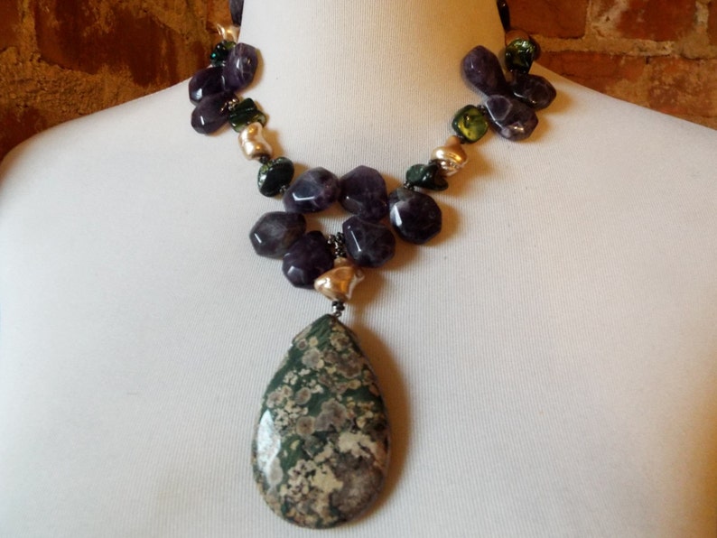 Amethyst and Mother of Pearl Statement Necklace Chunky Bold Picture Jasper