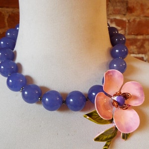 OOAK Colorful Purple Jade Statement Necklace with Colorful Vintage Flower Brooch image 4