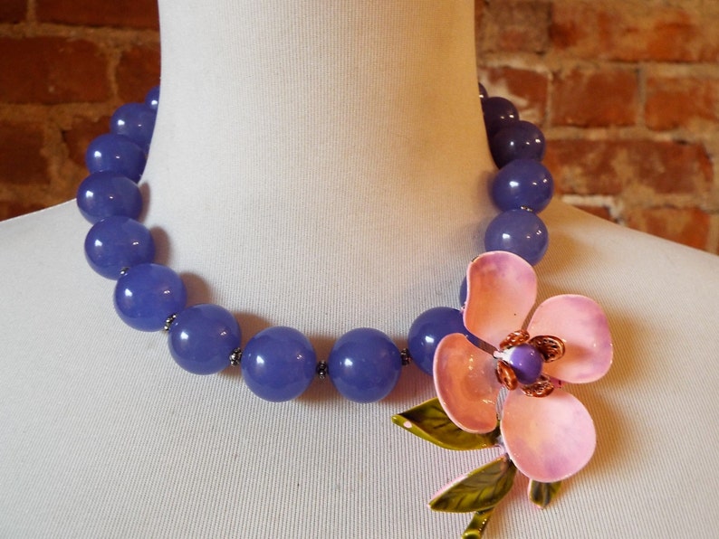 OOAK Colorful Purple Jade Statement Necklace with Colorful Vintage Flower Brooch image 4