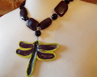 Dragonfly Statement Necklace with Red Garnet and Black Onyx Beads