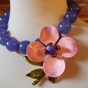 OOAK Colorful Purple Jade Statement Necklace with Colorful Vintage Flower Brooch image 1