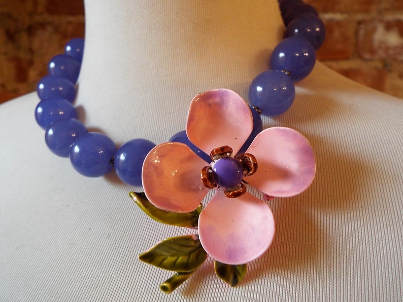 OOAK Colorful Purple Jade Statement Necklace with Colorful Vintage Flower Brooch image 1