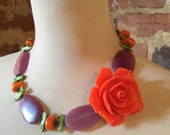 OOAK Chunky Purple Jade Necklace with Freshwater Pearls and Resin Rose Pendant Choker Necklace