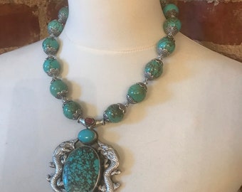 Vintage Etched Nepalese Tibetan Statement Turquoise Howlite Pendant Necklace with Repousse'