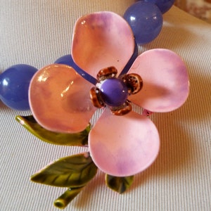 OOAK Colorful Purple Jade Statement Necklace with Colorful Vintage Flower Brooch image 2