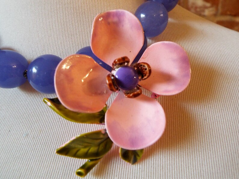 OOAK Colorful Purple Jade Statement Necklace with Colorful Vintage Flower Brooch image 2