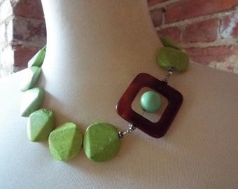 Lime Green Turquoise Howlite Statement Necklace with Carnelian Pendant