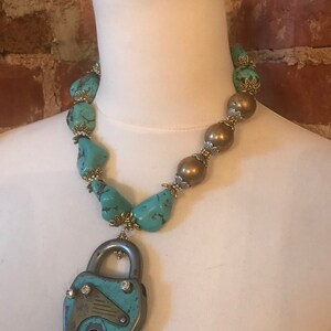 Turquoise Howlite and Brass Beads Statement Necklace with Rhinestone Repurposed Vintage Padlock Pendant