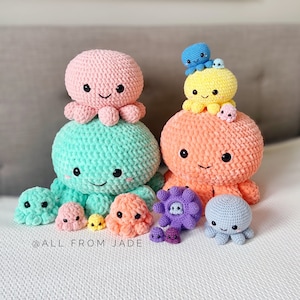 Crochet PATTERNS NO SEWING required: The Original Kawaii Octopus Family English/French image 1